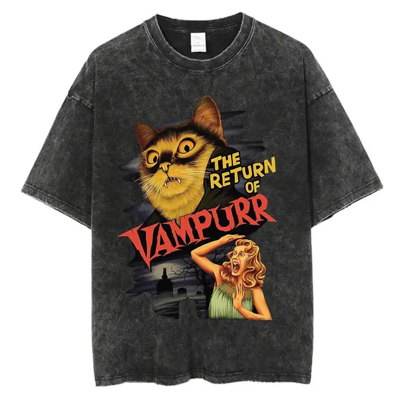 

Hip Hop 2024 Retro Washed Black T-Shirt Streetwear Cat Print Graphic T Shirt 100% Cotton Unisex Tshirt Men Tops Tees Y2K