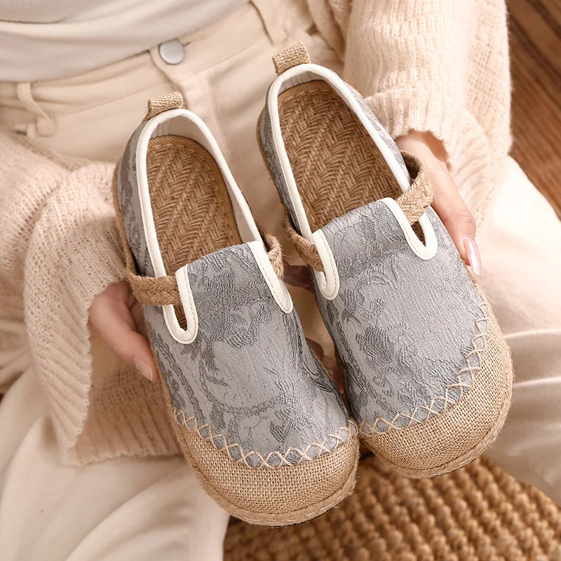 Women's Gray/Black Linen Patterned Espadrille Loafers Comfort Flat Shoes for Daily Casual Q-154