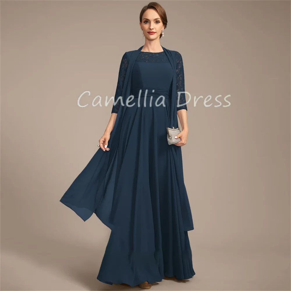 Neue Schaufel Illusion Mutter der Braut Kleid Chiffon Spitze eine Linie mit plissierten Abendkleidern Vestidos Mae da Noiva Casamentos