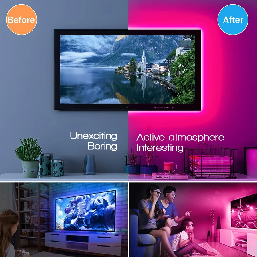 Smart LED Light Strip with Built-in Microphone and Music Sync, USB Powered, Wireless App and Remote Control, Multiple Sizes for