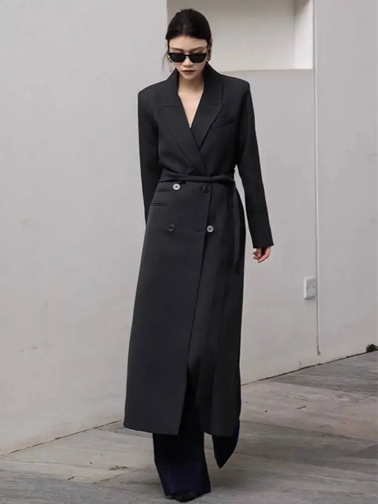 Fashion Dark Gray Trench Coat Women's Lapel Souble Breasted Belt Long Sleeves Windbreaker Spring Autumn New 70WTV
