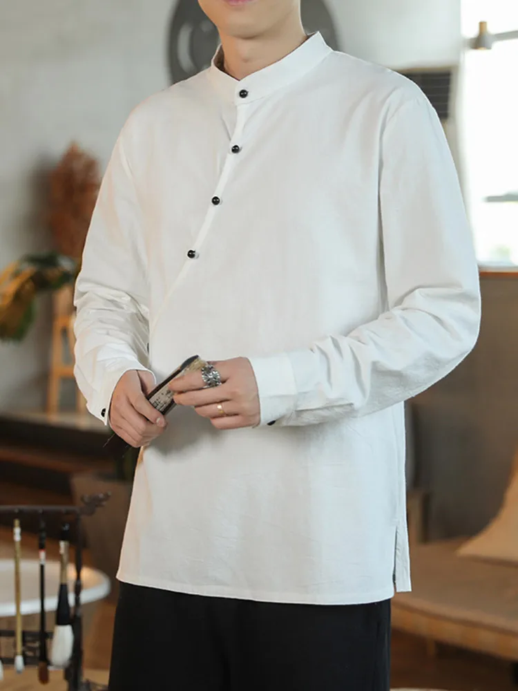 

Белая хлопково-льняная длинная рубашка для мужчин, весенне-осенняя, в стиле слэш, для чайной церемонии, китайский костюм в стиле тан, для занятий зеном