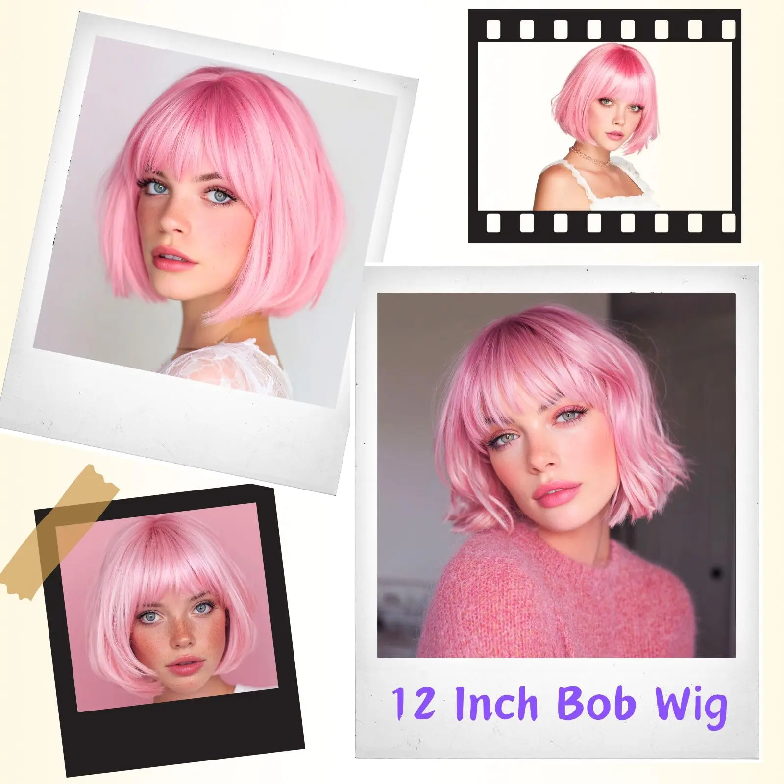 Short bob hairstyle, pink synthetic wig, Halloween party cosplay wig, daily high-temperature hair accessory wig set image 2