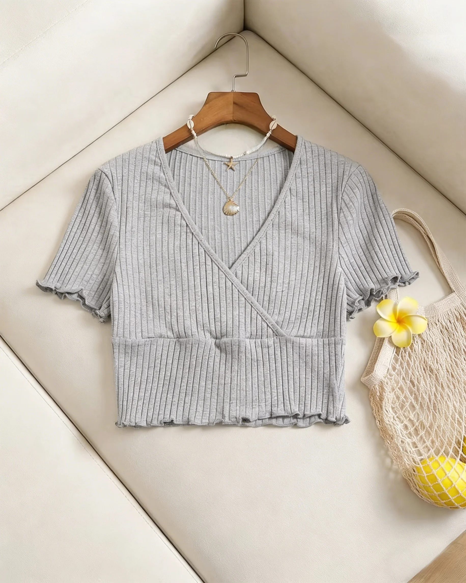 Women Ribbed Wrap Front Crop Top Casual V Neck Short Sleeve Ruffle Hem Cropped Knit Top
