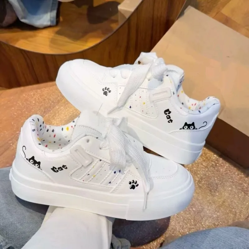 

Cute Print Women's White Sneakers Platform Shoes Cartoon Paw Pattern Casual Flats Student Fashion Lace Up Daily Walking Shoes