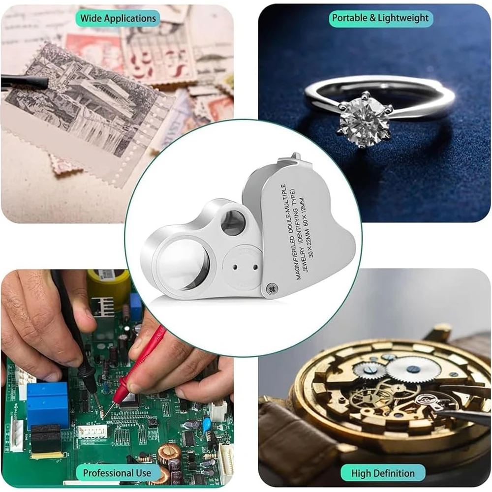 60X 30X Juwelier-Lupe mit LED-Beleuchtung Taschenlupe Faltbare Diamant-Lupe Triplet Juwelier-Augenglas Werkzeuge – Detail 7