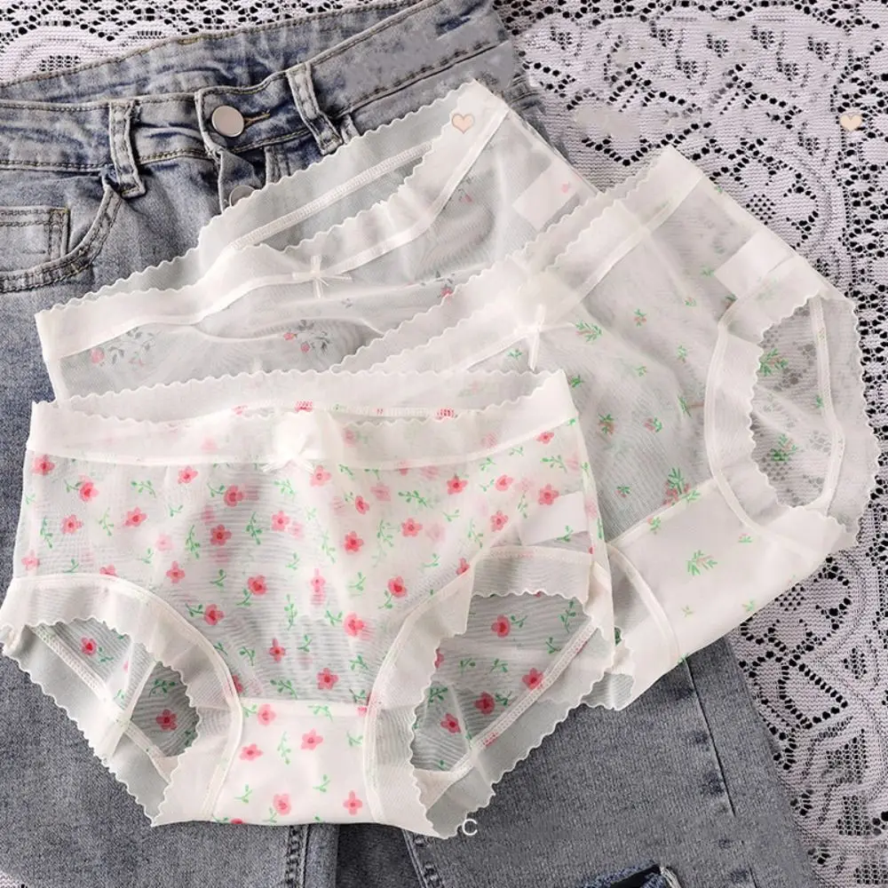 

5PCS Fashion Ultra-thin Mesh Flower Panties Mid Waist Seamless Transparent Floral Briefs Underpants Underwear for Women Girls