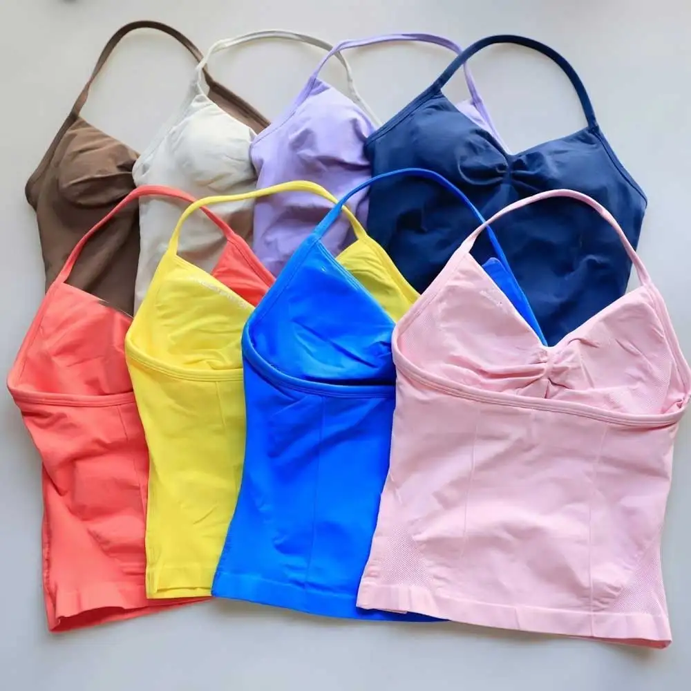 Dfyoga ginásio palangre com tiras topo feminino sem costura tanque de yoga com almofadas removíveis com decote em v roupas de treino esportes correndo colete de fitness