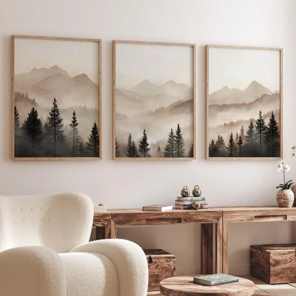 Multiple sizes 3pcs frameless Canvas Painting,Abstract Forest Mountains Triptych Art Minimalist Modern Foggy Landscape Prints Se