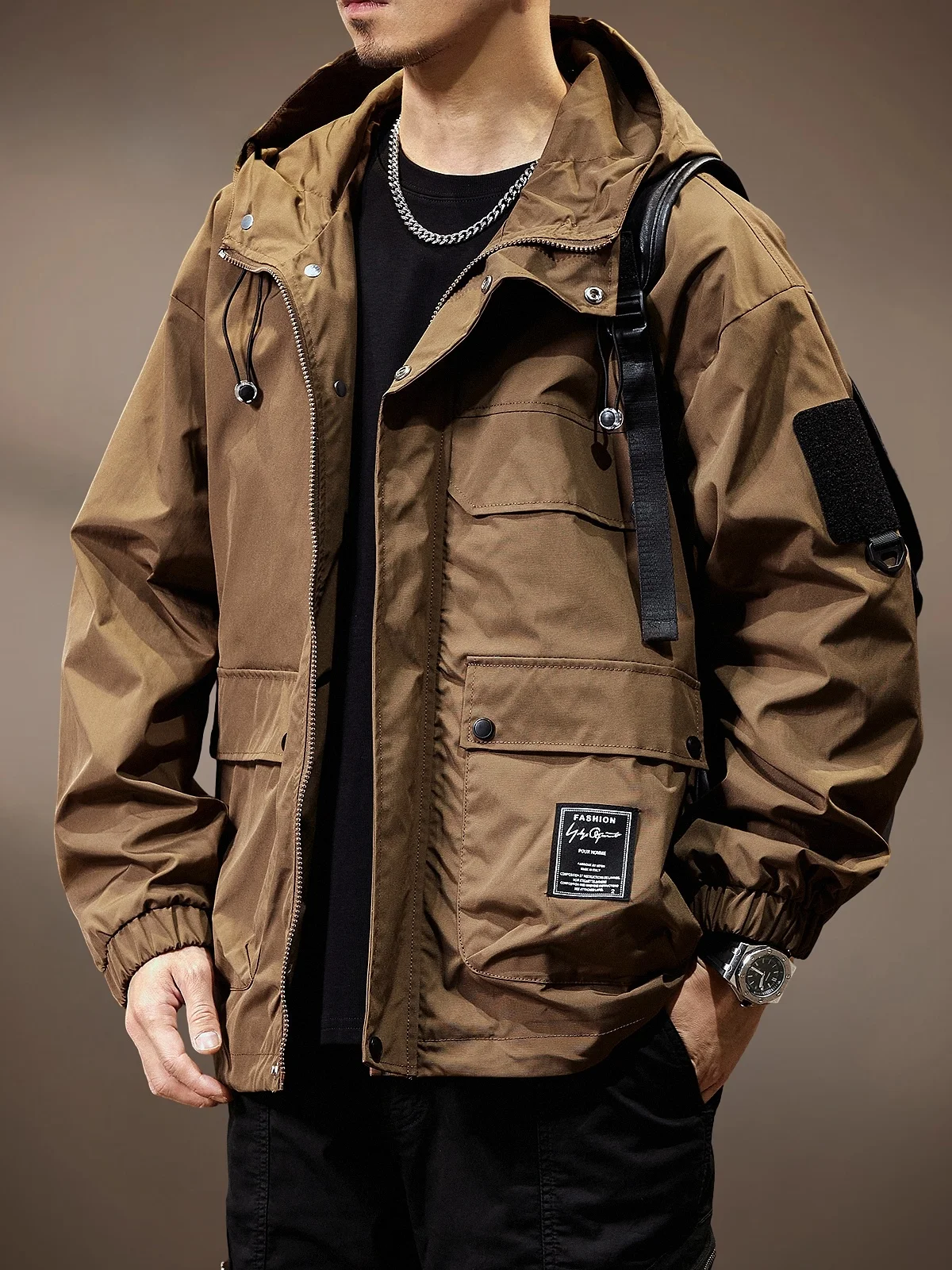 

Pierre Cardin 2025 Spring Autumn Men's Workwear Jaet Climbing Suit Windproof Polyester Fiber Long Sve Zipper Hooded Coat