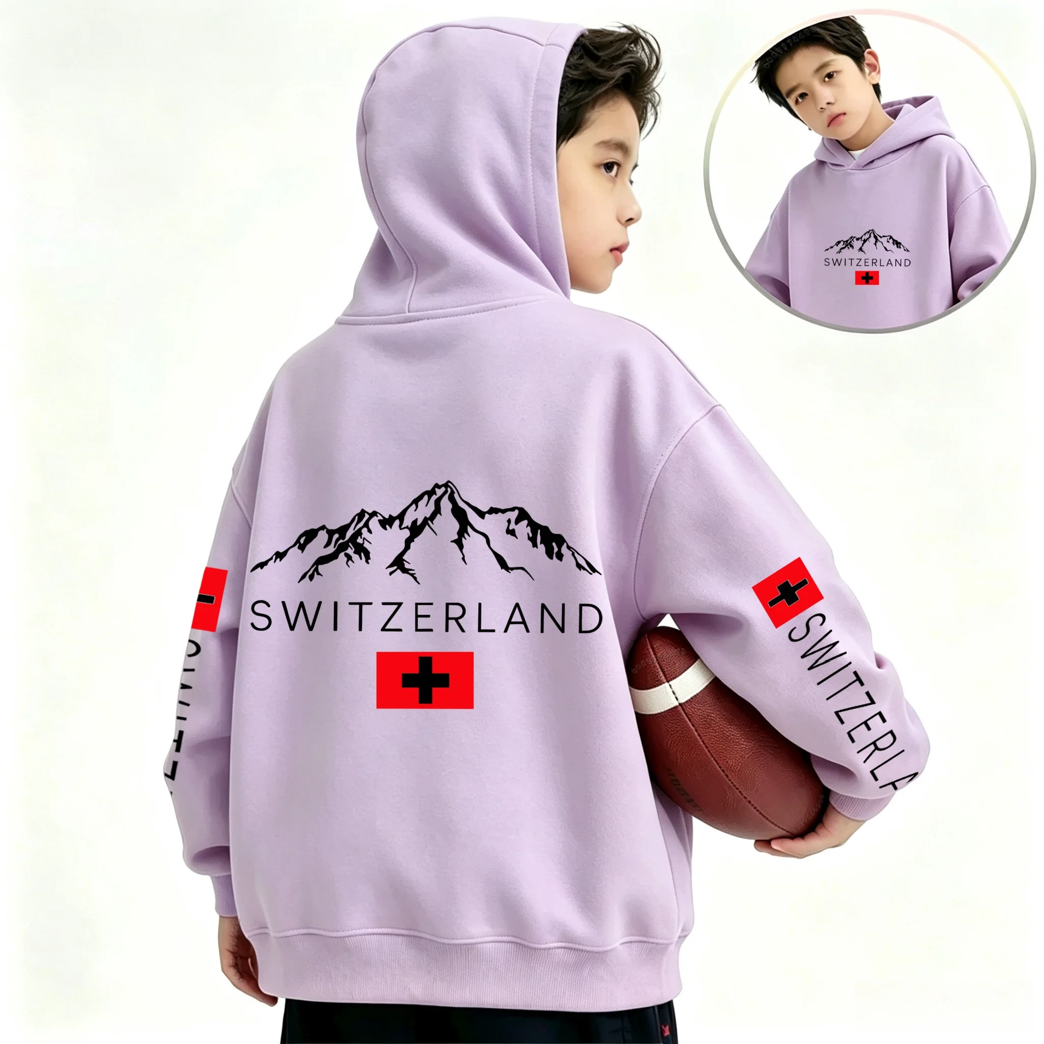 Kids Oversized Hoodie Switzerland Alps Mountain And Cross Flag Print Boys Girls Casual Long Sleeve Hooded Sweatshirt