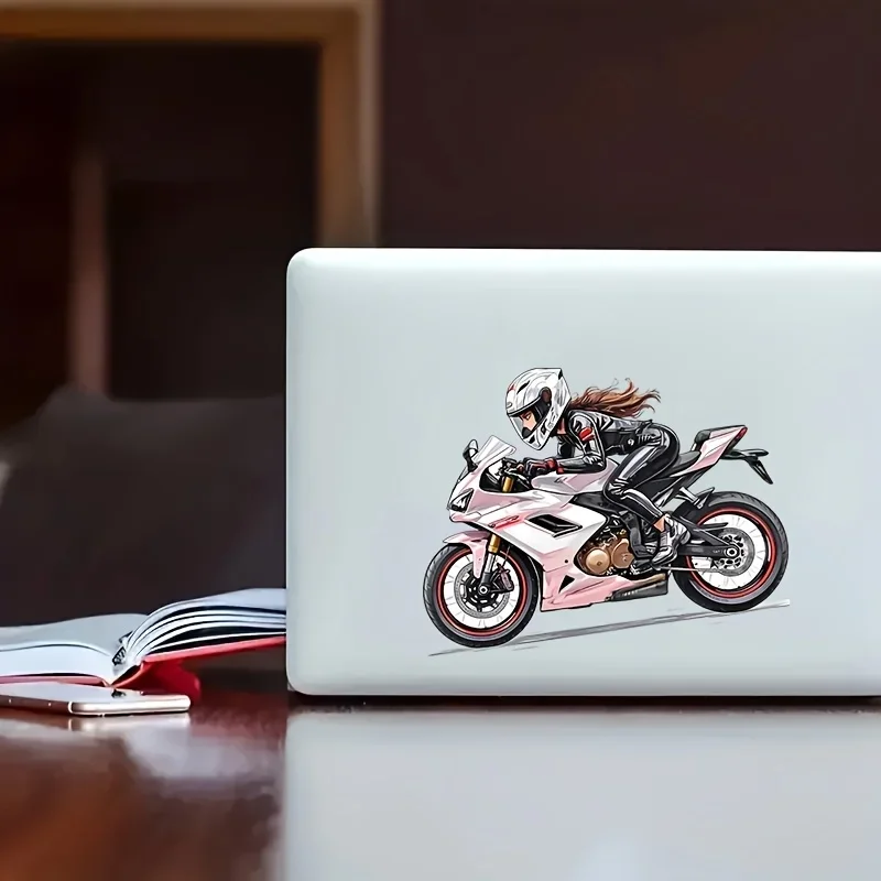 1 Stück einzigartiger Aufkleber mit einem Mädchen, das ein rosa Motorrad fährt, ideal für Wasserflaschen, Rucksäcke, Fahrradrahmen für einen unverwechselbaren Look – Detail 3