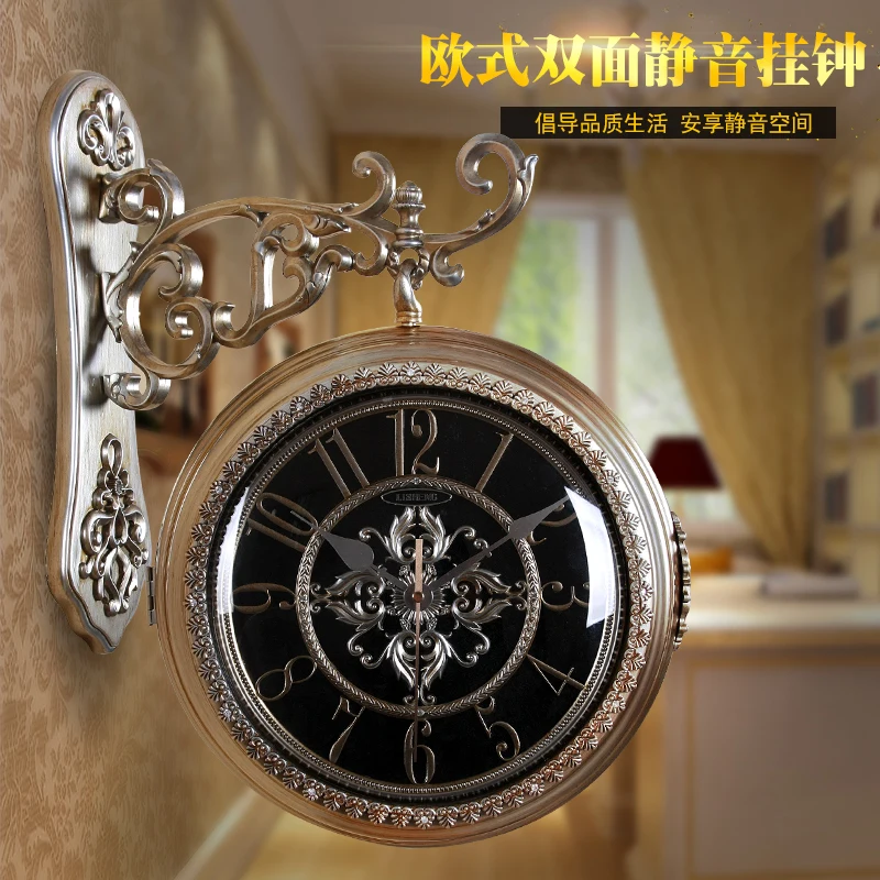 

European Double Sided Wall Clock Wall Watch Living Room Double Sided Clock American Retro Wall Watch Pastoral Mute Time Clock