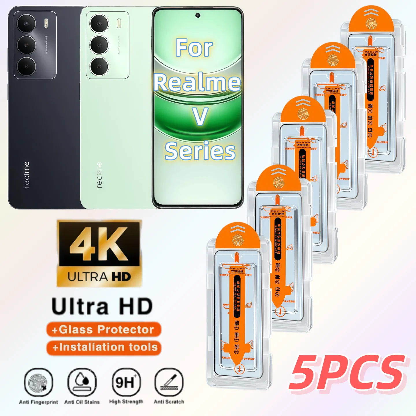 

5-Piece Set Suitable for Realme V3/V5/V11/V13/V15/V23/V30T/V70 HD Tempered Glass Screen Protector with 9H Hardness