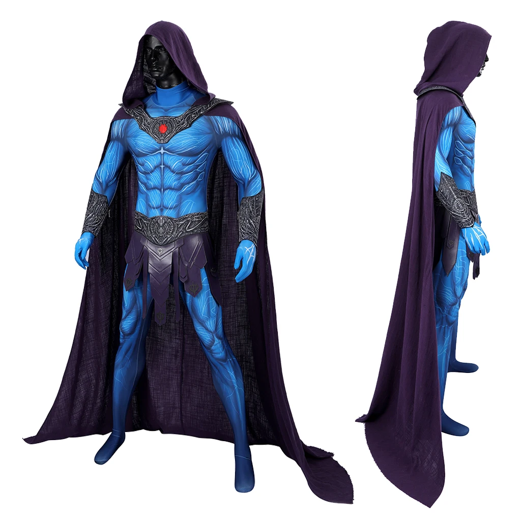 Image of Neues Skeletor Cosplay Kostüm Jumpsuit mit Kapuze und Umhang Set Herren Master Halloween Party Cosplay Anzug