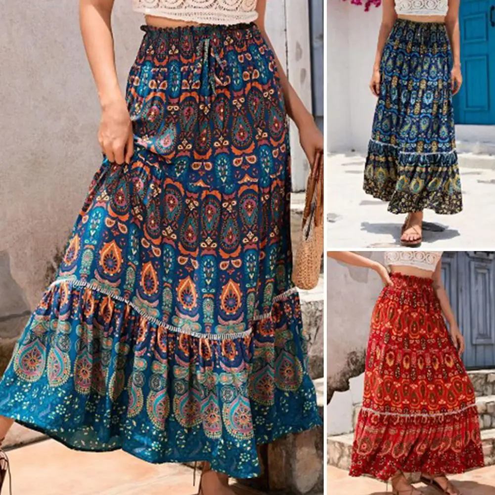 1Pc Boho Floral Prints Maxi Skirt for Women Elastic Bright Print Skirt High Waist A Line Large Hem Skirt for Beach Party Holiday