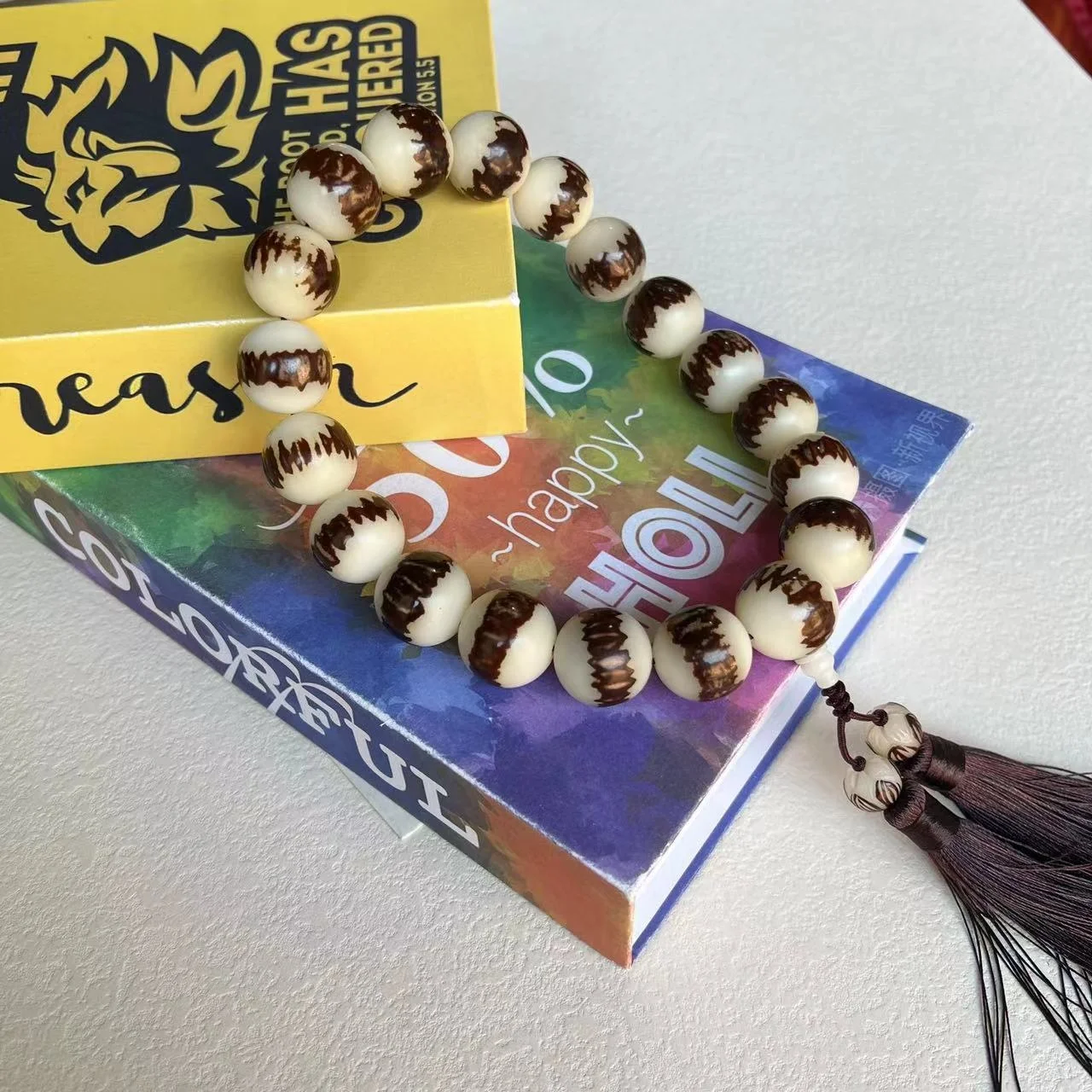 Double Sided Lotus Bodhi Root Buddha Beads Cultural Games White Jade Beaded Bracelet Multi Treasure Color Weathered Child