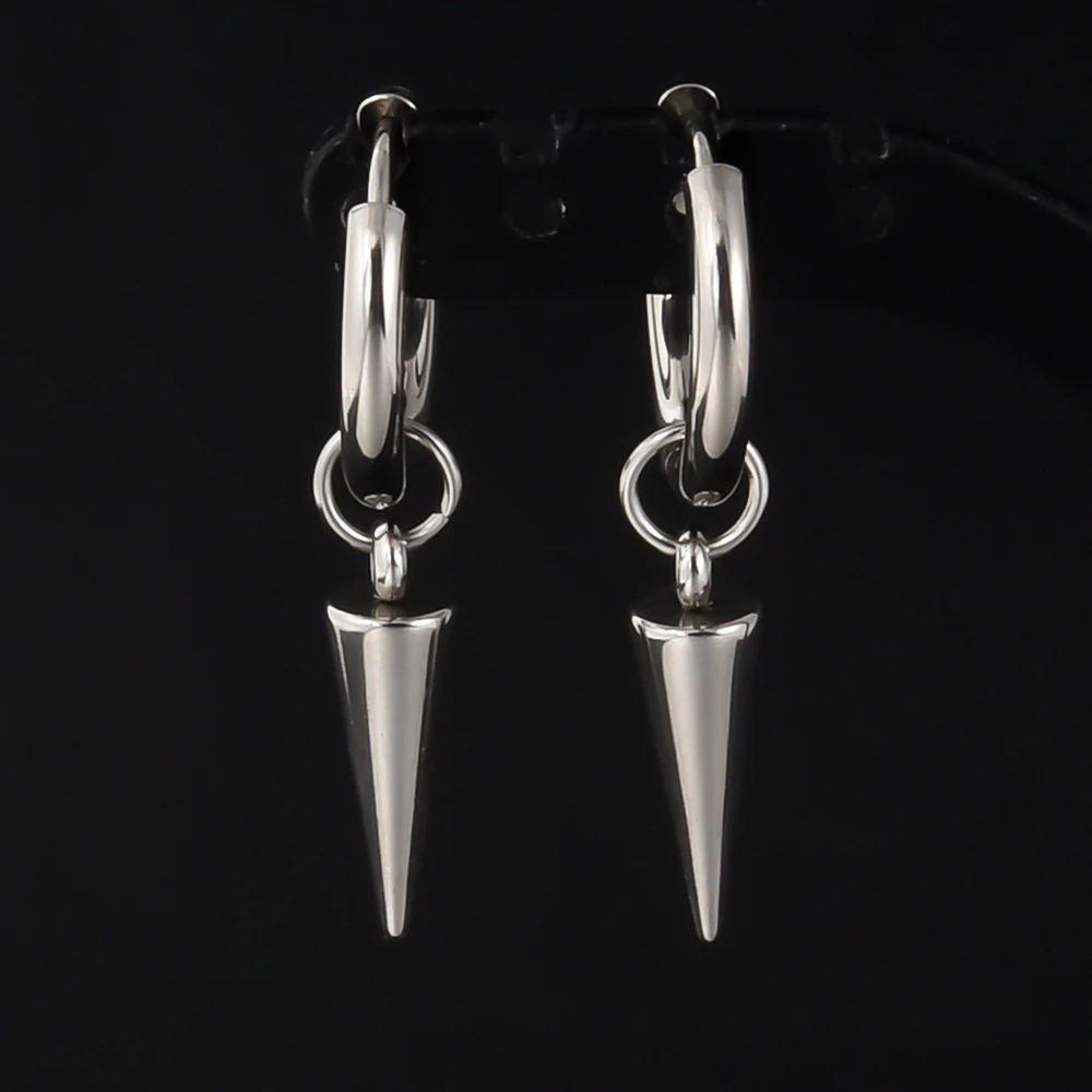 Pendientes con colgante de cono puntiagudo de diferentes longitudes, aros de acero inoxidable, accesorios para mujeres y hombres, joyería Punk para oreja, Piercing