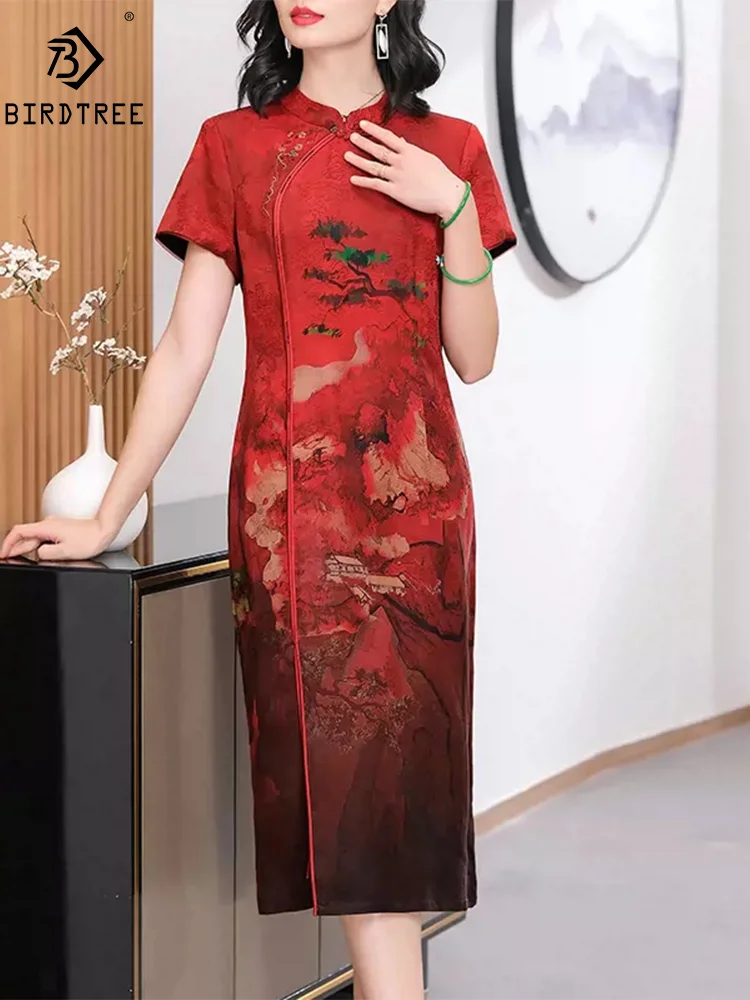 

BirdTree, 100%Real Silk Watered Gazue Elegant Dresses, Women Short Sleeve Embroidery, Retro Cheongsam, Spring Summer D44022QM