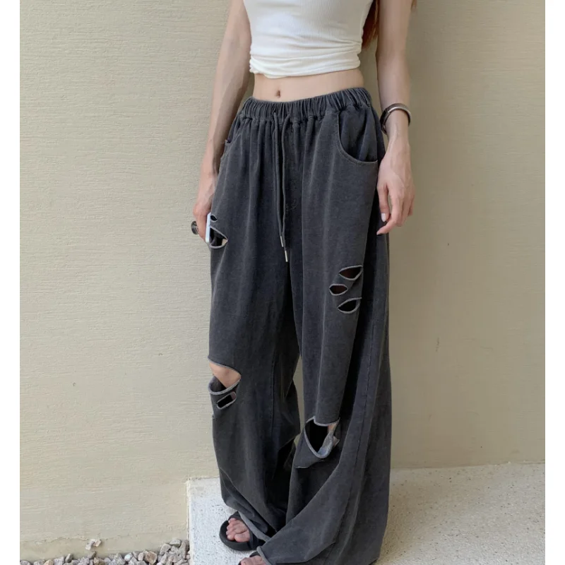 

Korean Fashion New Smoke Grey Straight Pants Vintage High Waist Wide Leg Pants Casual Street Baggy Mopping Trouser Ladies Summer