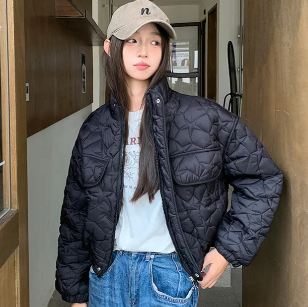 Abrigo de algodón, Chaqueta corta para mujer, chaquetas acolchadas acolchadas de invierno, Parkas, prendas de vestir exteriores, cuello levantado, bolsillos con cremallera, abrigo de oficina para mujer