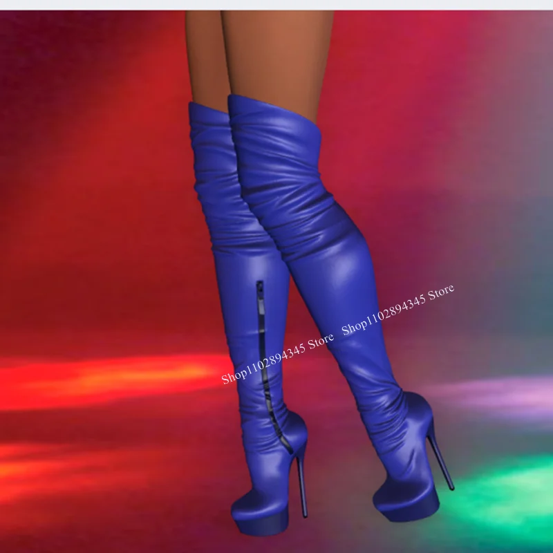 

Blue Platform Over Knee High Boots Thin High Heel Pointed Toe Fashion Sexy 2024 Winter Big Size Woman Shoes Zapatillas Mujer