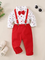 Baby Boy Gentleman's Dress College Style Two-piece Set, Small Feather Print Long-sleeved shirt + Strap trousers, Little Gentlema