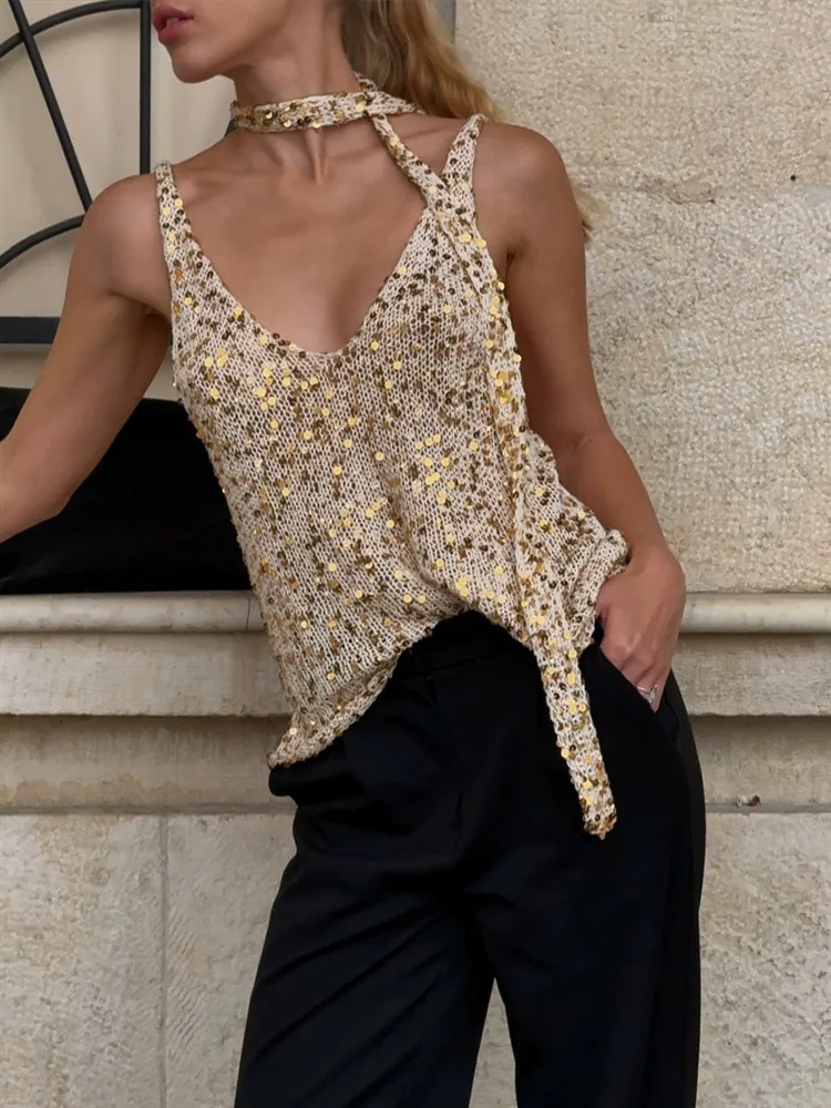 

Absobe Women's 2025 Autumn Sexy Sequin Tank Top V-Neck Scarf Tie Chic Sleeveless Slim Crop Vest Clubwear Stylish Streetwear