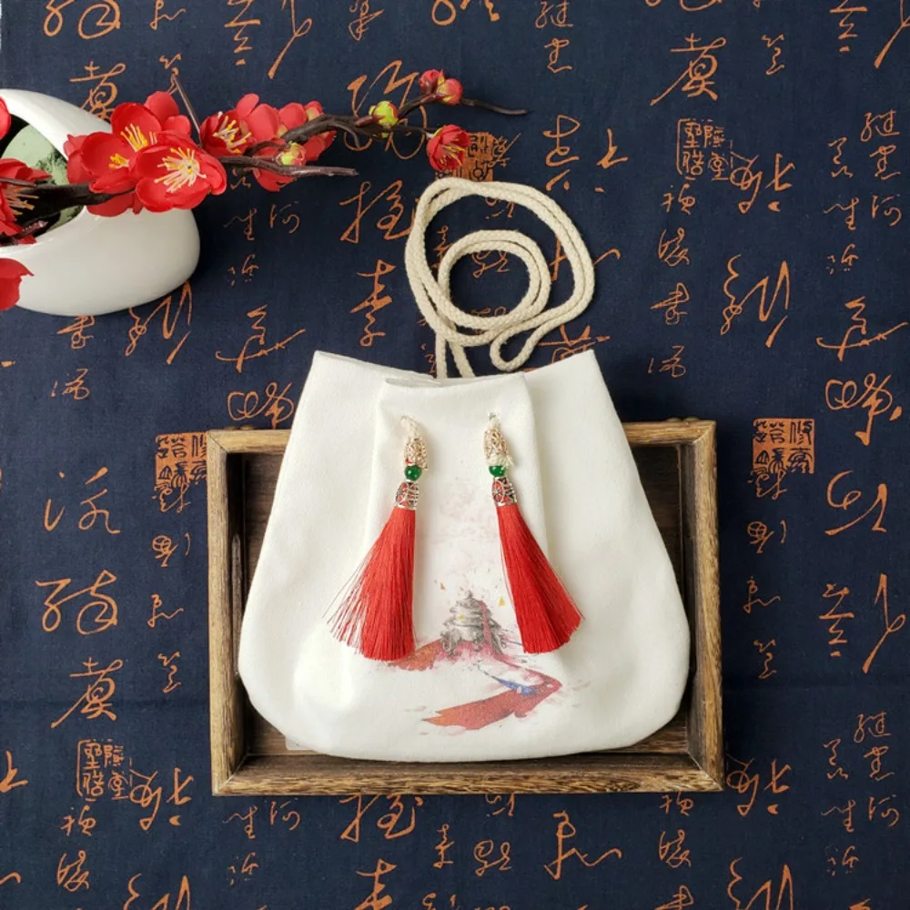 

Cotton Hanfu Drawstrings Bag Flower Tassel Chinese Printed Shoulder Pouch Leaf Ethnic Style Embroidery Crossbody Bag Daily