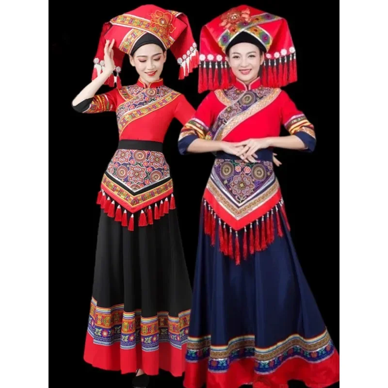 

2023 Chinese Traditional Ethnic Minorities Style Costume Set Female Zhuang Zu Costume Skirt Dance Performance Costume Set