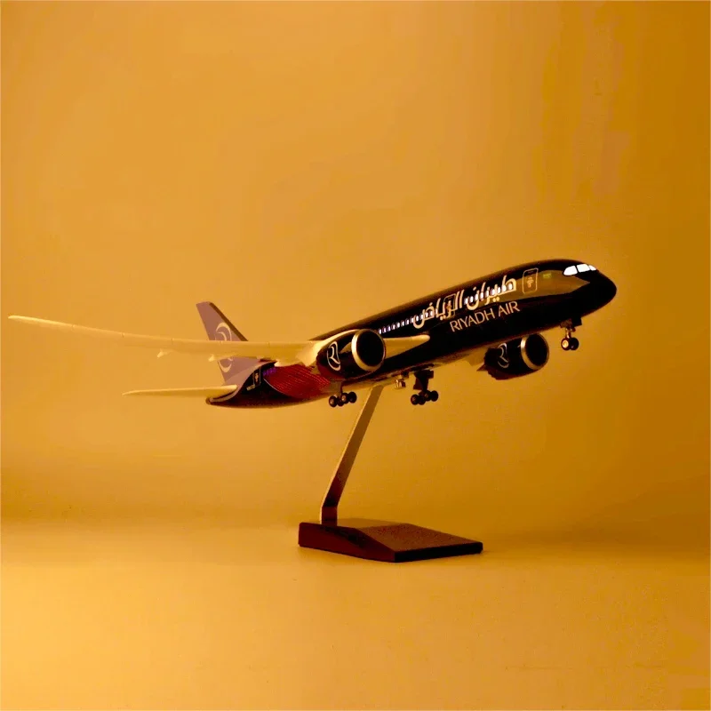 Collection 43CM Plane B787 Riyadh Air Airline Airplane Resin Aircraft with Lights Landing Gears Model Toys for Kids Home Decor