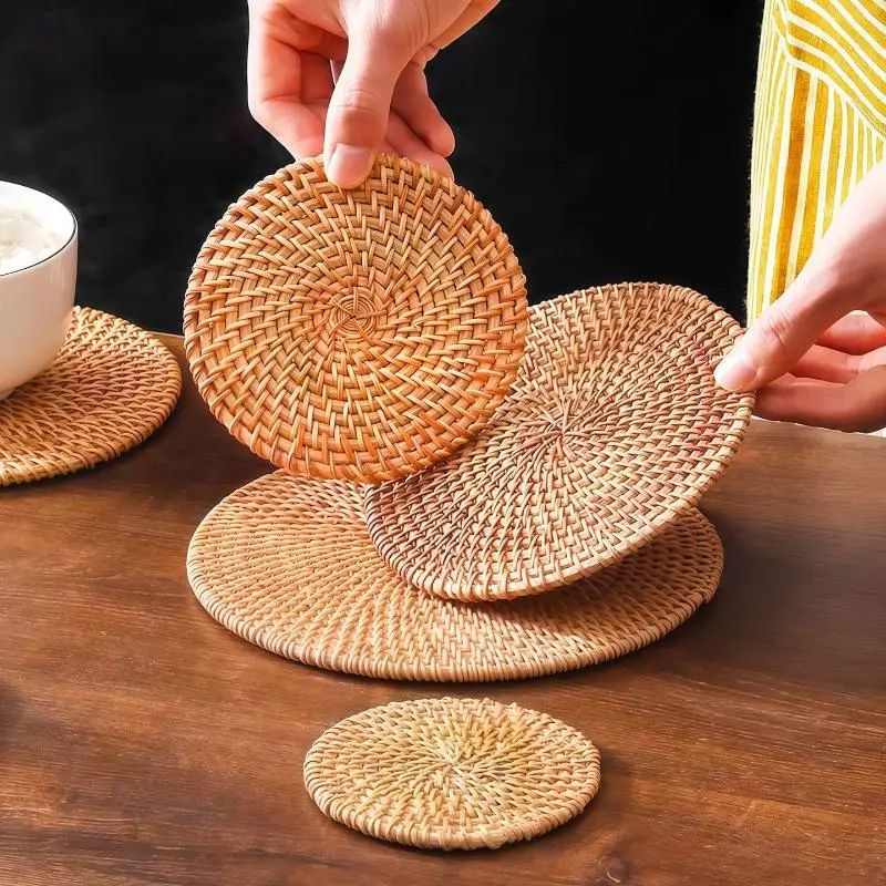 Rattan Hand-woven Coaster Round Coffee Mugs Pad Home Kitchen Table Anti Scalding Insulation Mats For Hot Pot And Baking Pan