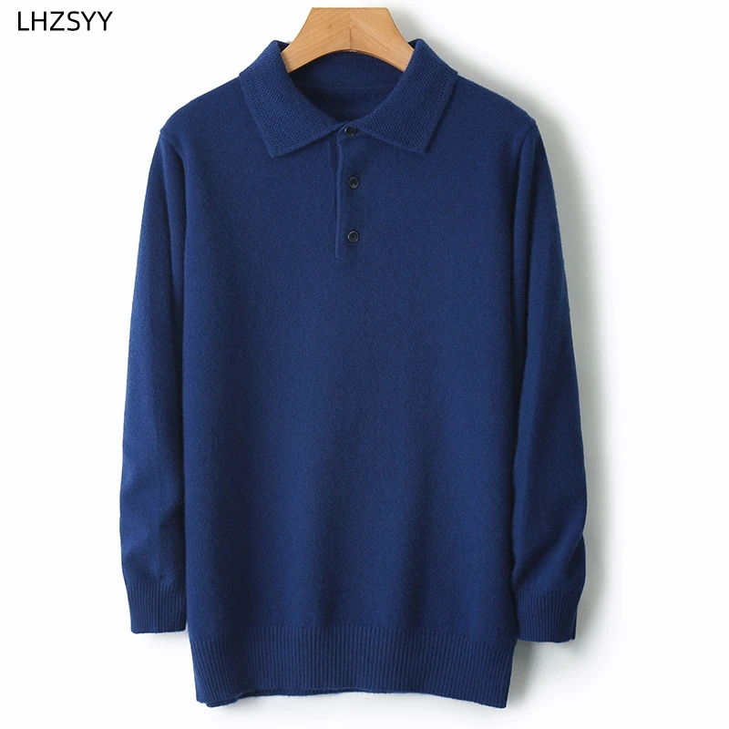 Lhzsyy 100% Merinowolle heiße Strickjacken Männer Revers Pullover Langarm Polo-Ausschnitt Pullover lose Tops Strick kleidung großes Hemd