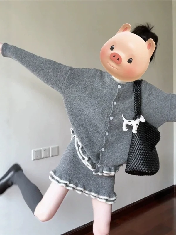 

Gray Knitted Cardigan Short Skirt Two-Piece Set Women's Fashion Korean Style Autumn Winter New Arrival Warm Casual Wear