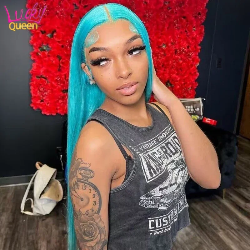 Sky Blue Straight 13X6 Frontal Wig Pre Plucked 613 Blonde Color Transparent Lace Front 13X4 Frontal Human Hair Wig For Women