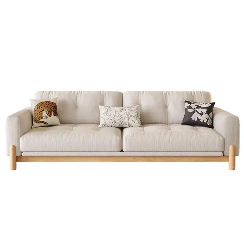 

French ash solid wood sofa, simple small apartment living room, cream log wind corduroy, sofa straight row of three people