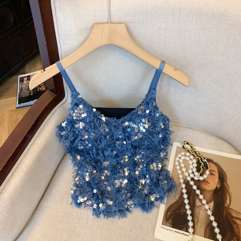 

Sexy Sequin Tassel Camisole Vest Spring Summer Tank Tops Short Style Sleeveless Women Camis