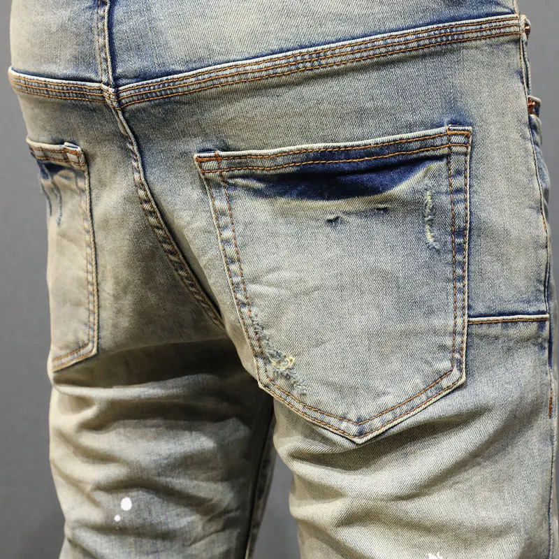 High Street Fashion Men Jeans Retro Washed Blue Stretch Skinny Fit Painted Ripped Jeans Men Patched Designer Hip Hop Brand Pants