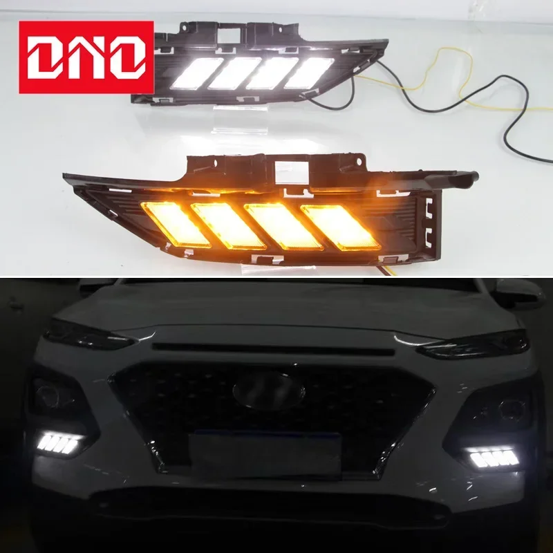 Car 12V LED DRL Daylights For Hyundai Encino Kona 2018 2019 Yellow Turn Signal Daytime Running Headlamps Auto Driving Lamp