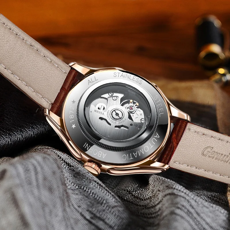 Fashion Hollow Engraving Black Golden Case Leather Skeleton Mechanical Watches Men Luxury Brand Automatic Watch Heren Horloge