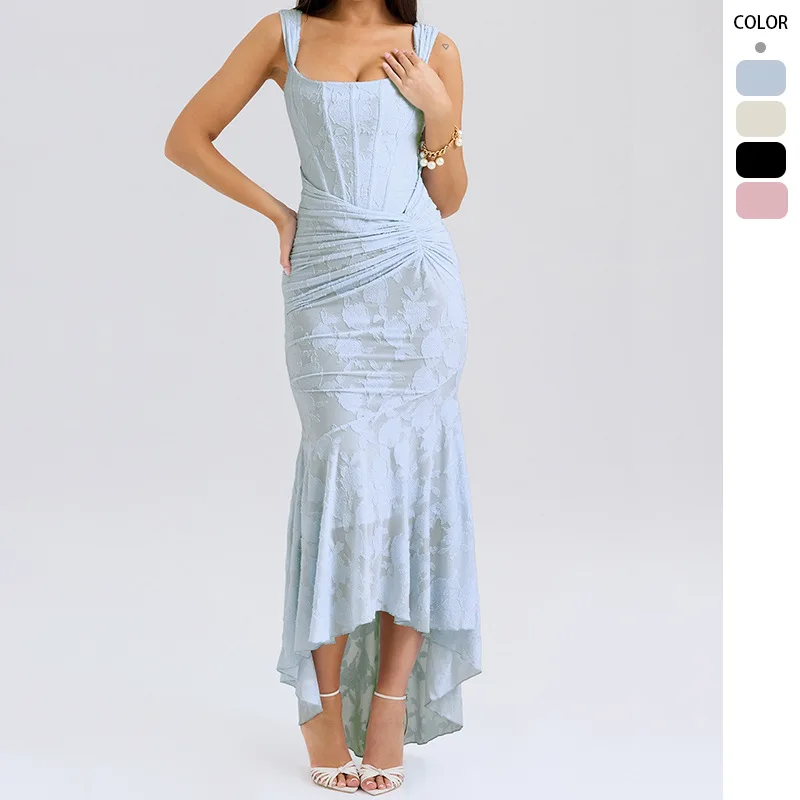 

FIGOHR Summer Women's Fairy Style Jacquard Mermaid Dress Sexy Square Neck Dress Female Elegant Cinched-Waist Long Dress 5 Color