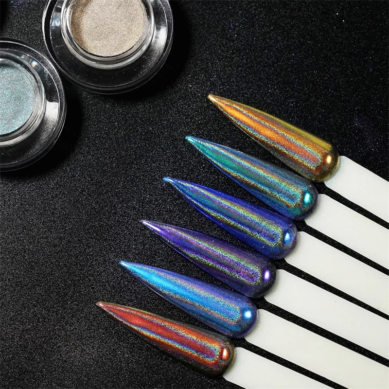 HNDO 6 Pcs Set Holographic Aurora Powder Rainbow Effect for Professional Manicure Nail Art Design Unicorn Laser Pigment Glitter