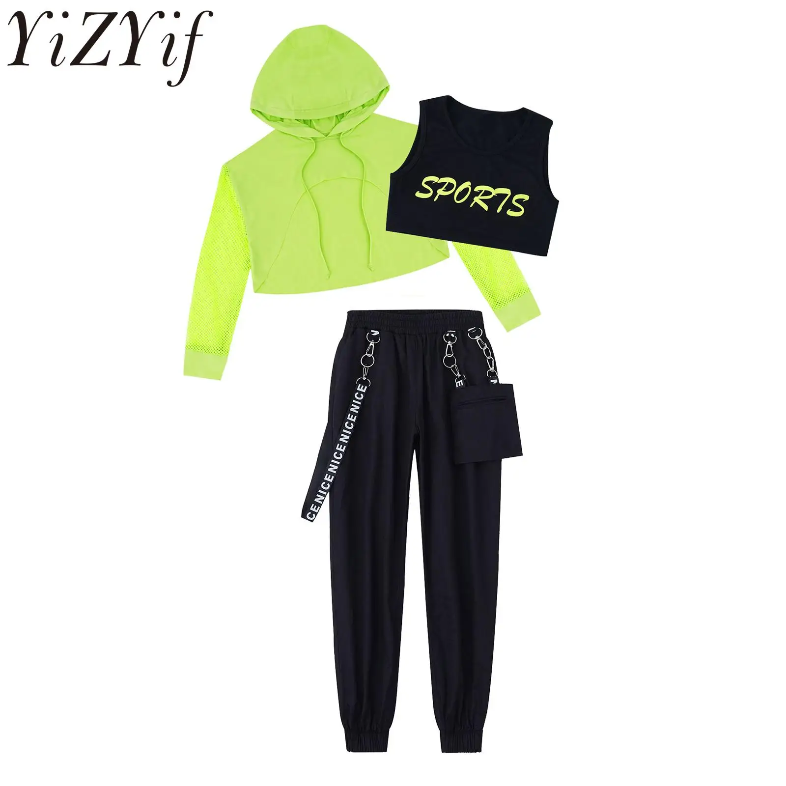 

Kids Girls Hip Hop Street Dance Outfits Hoodie Crop Top Cargo Trousers Clothing Set 80'S Retro Tracksuit Stylish Streetwear