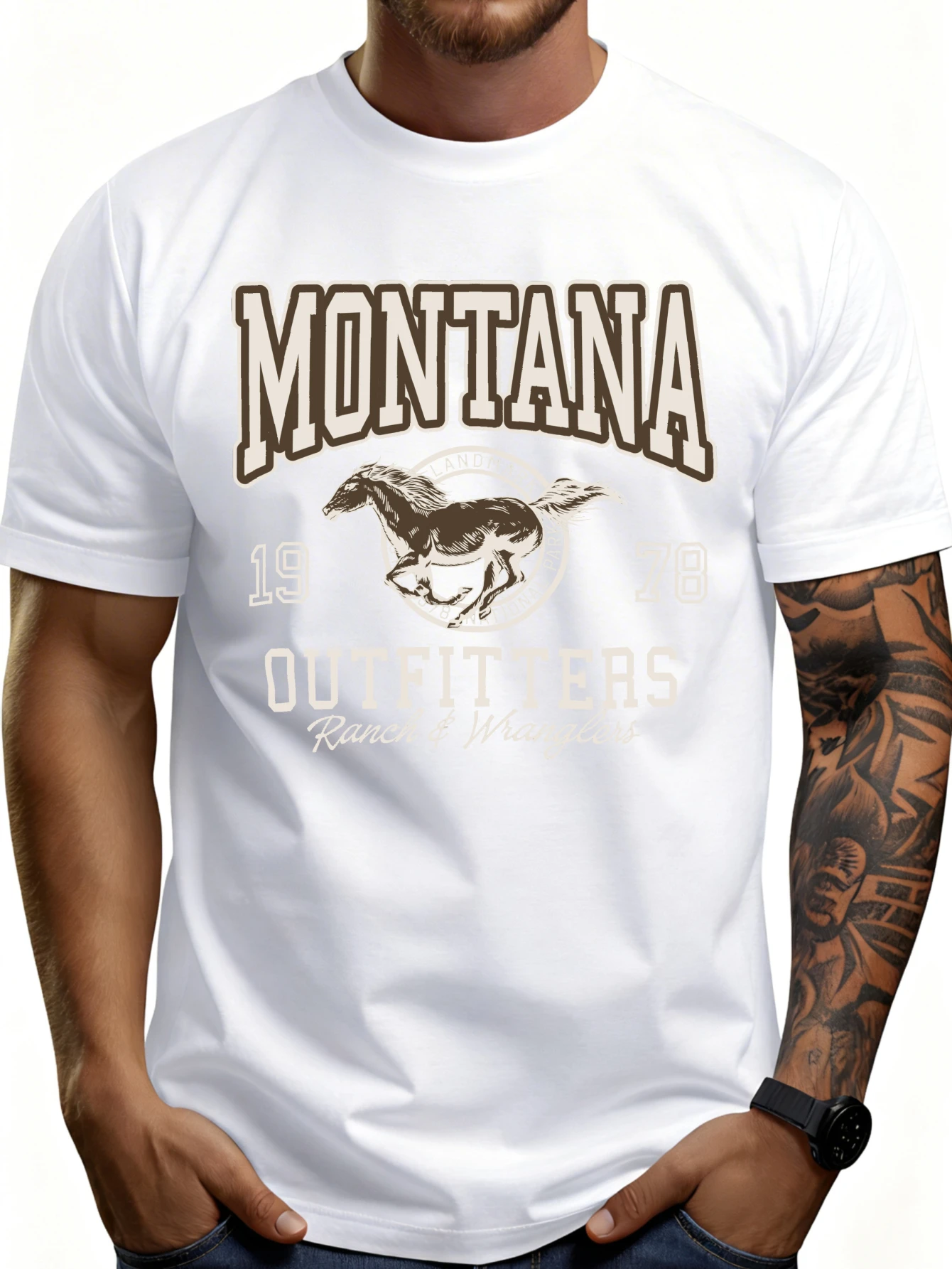 Western Style Men's T-Shirt Montana Outfitters Horse Logo Ranch and Wildlife Summer Casual Wear