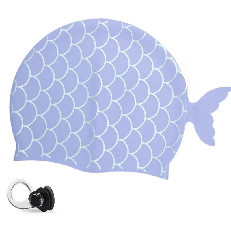 Kids Swim Caps with Fish Tail Baby,Nose Clip,Waterproof Bathing Caps  Swimming Hat for Long Short Hair