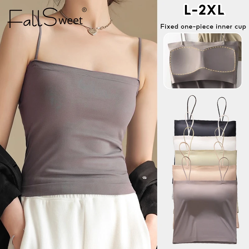 FallSweet Women's Spaghetti Straps Sleeveless Camisoles Ice Silk Traceless Vest Integrated Fixed Cup Female Short Tops Vests