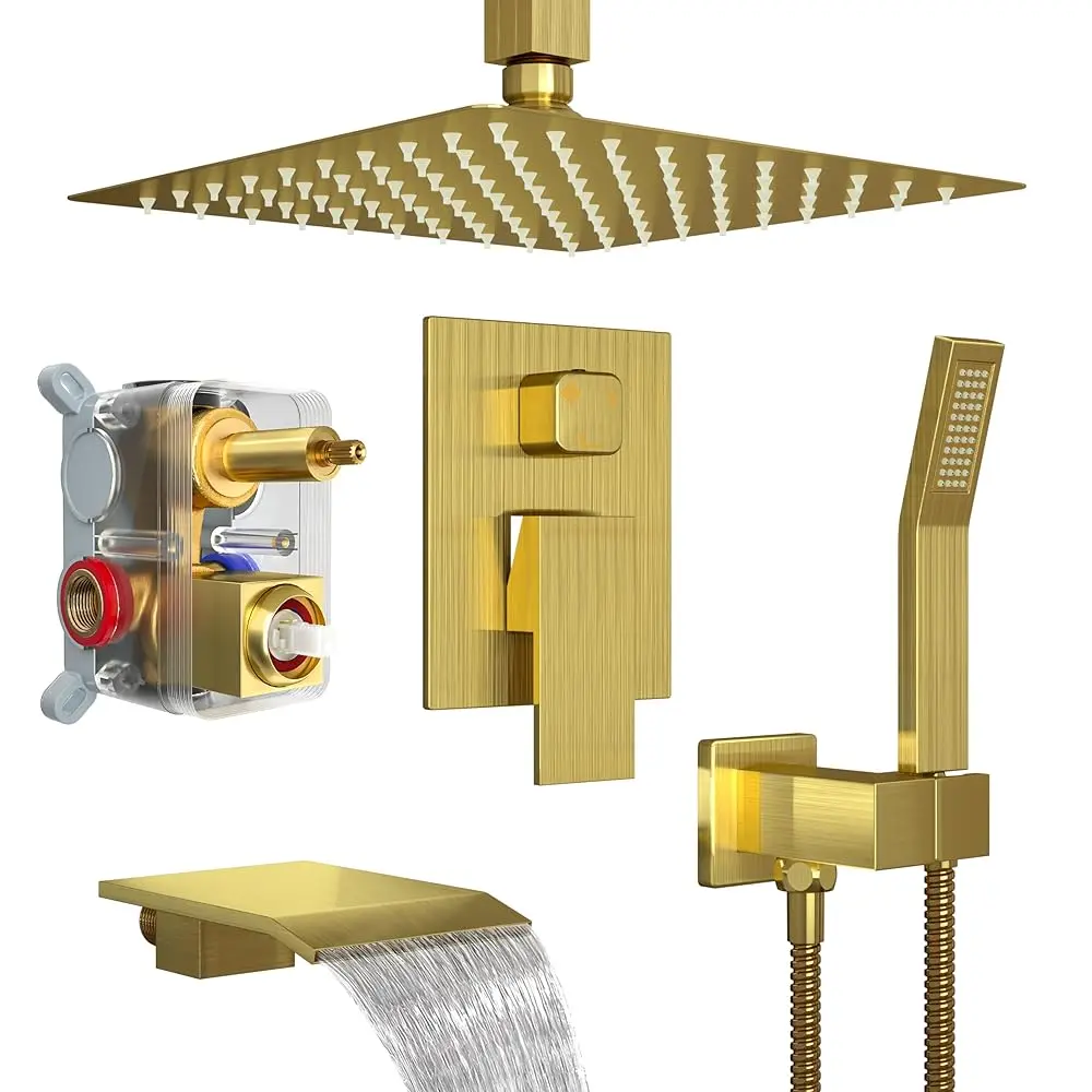 

AllexpreskCeiling Mount Shower System with Tub Spout, 12-Inch High-Pressure Rain Showerhead and Handheld Combo, Brushed Gold Sho
