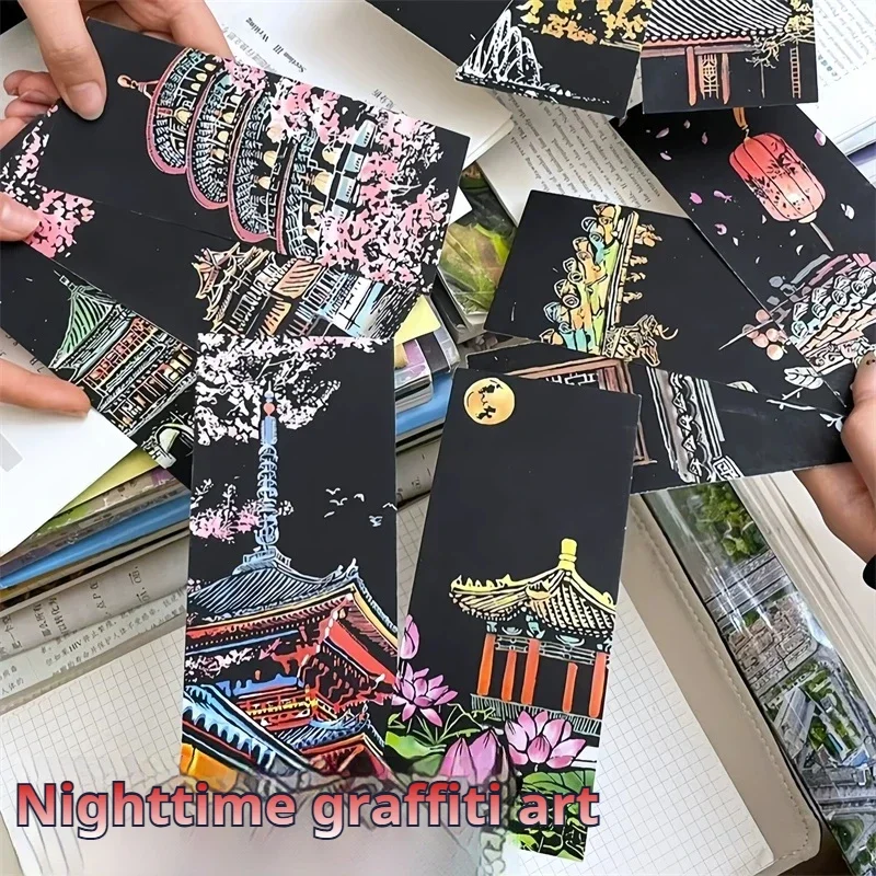 12Pcs Scratch Art Bookmarks Famous Landscape Pattern Scratch Paper Bookmark DIY Painting Kit for Student Art Craft Party Favors
