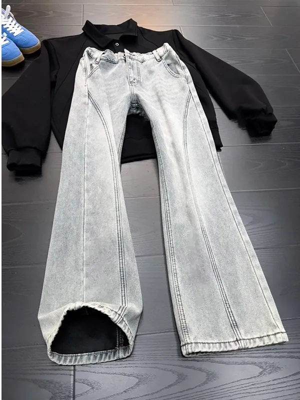 

American Sle Thiened Fce Lined Bell Bot Jeans Men's Autumn Winter High Waist Straight Leg Slimming High Street Vibe...
