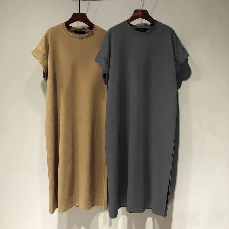 Novedad de verano, vestido de manga corta para mujer, vestido informal holgado con estampado hasta la rodilla y camiseta con abertura, vestido Midi de manga mosca a la moda